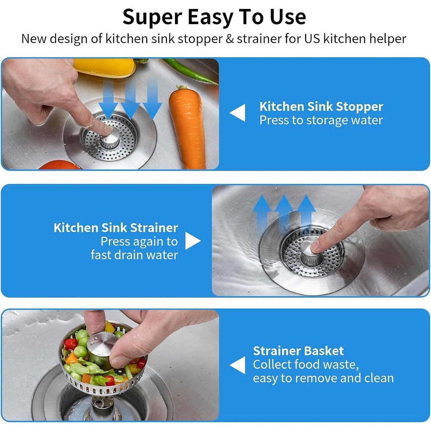 3-in-1 Stainless Steel Sink Drain Strainer